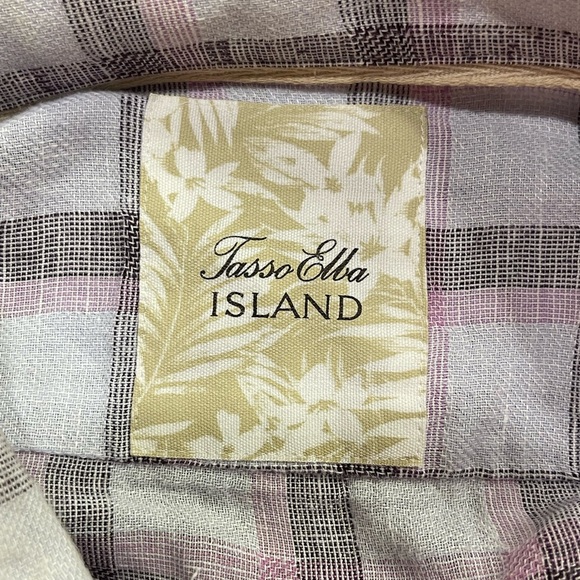 🔥🌴TASSO ELBA Island linen blend shirt Size L. Grayish background w/ plum/pink - Picture 5 of 8